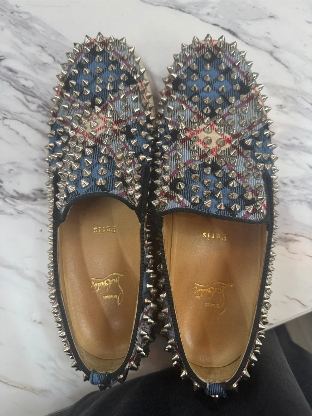 Christian Louboutin Blue Plaid Spike-Embellished Slip-Ons